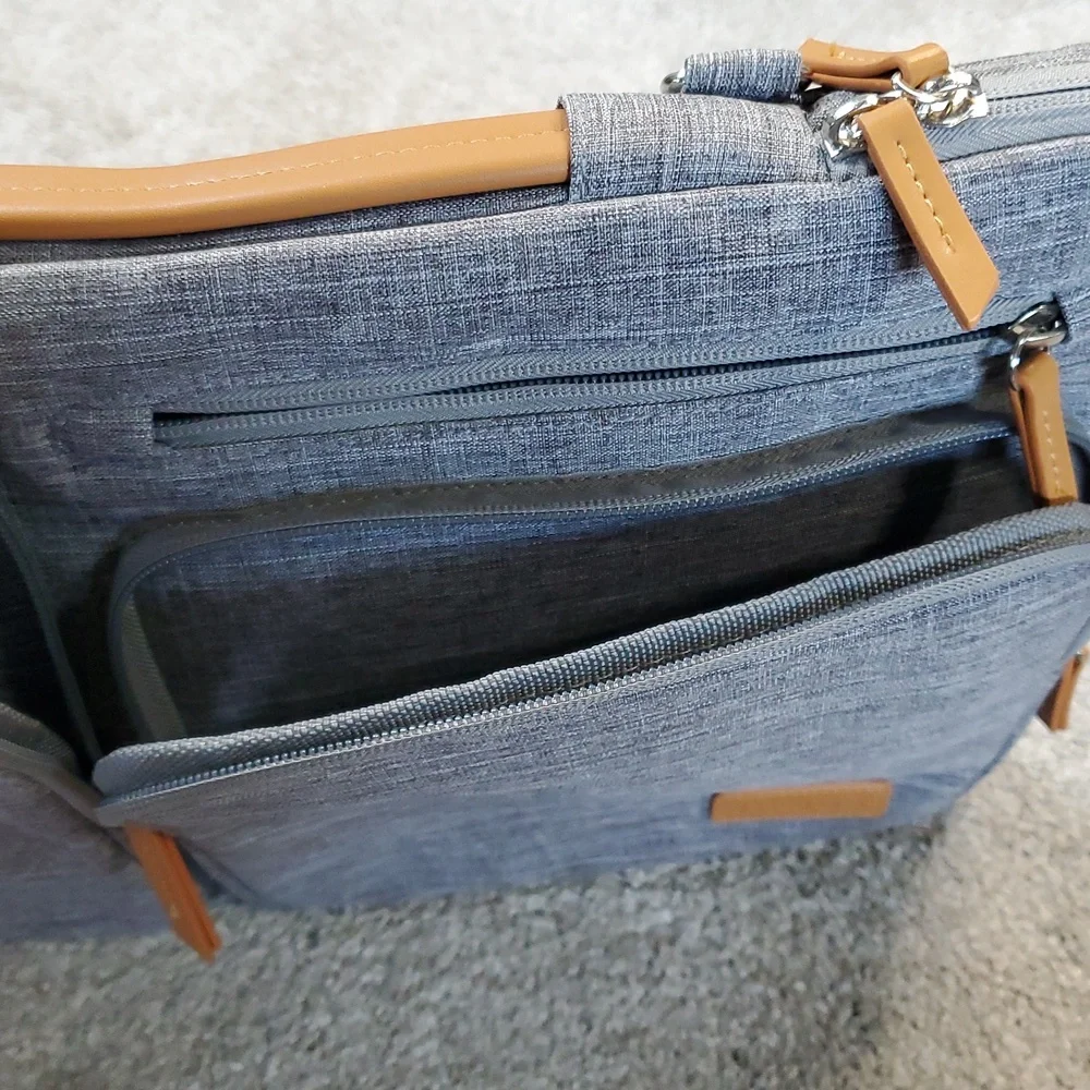 Gray Mosiso Laptop Bag with Tan Accents. Multiple Pockets And Carry Strap. EUC